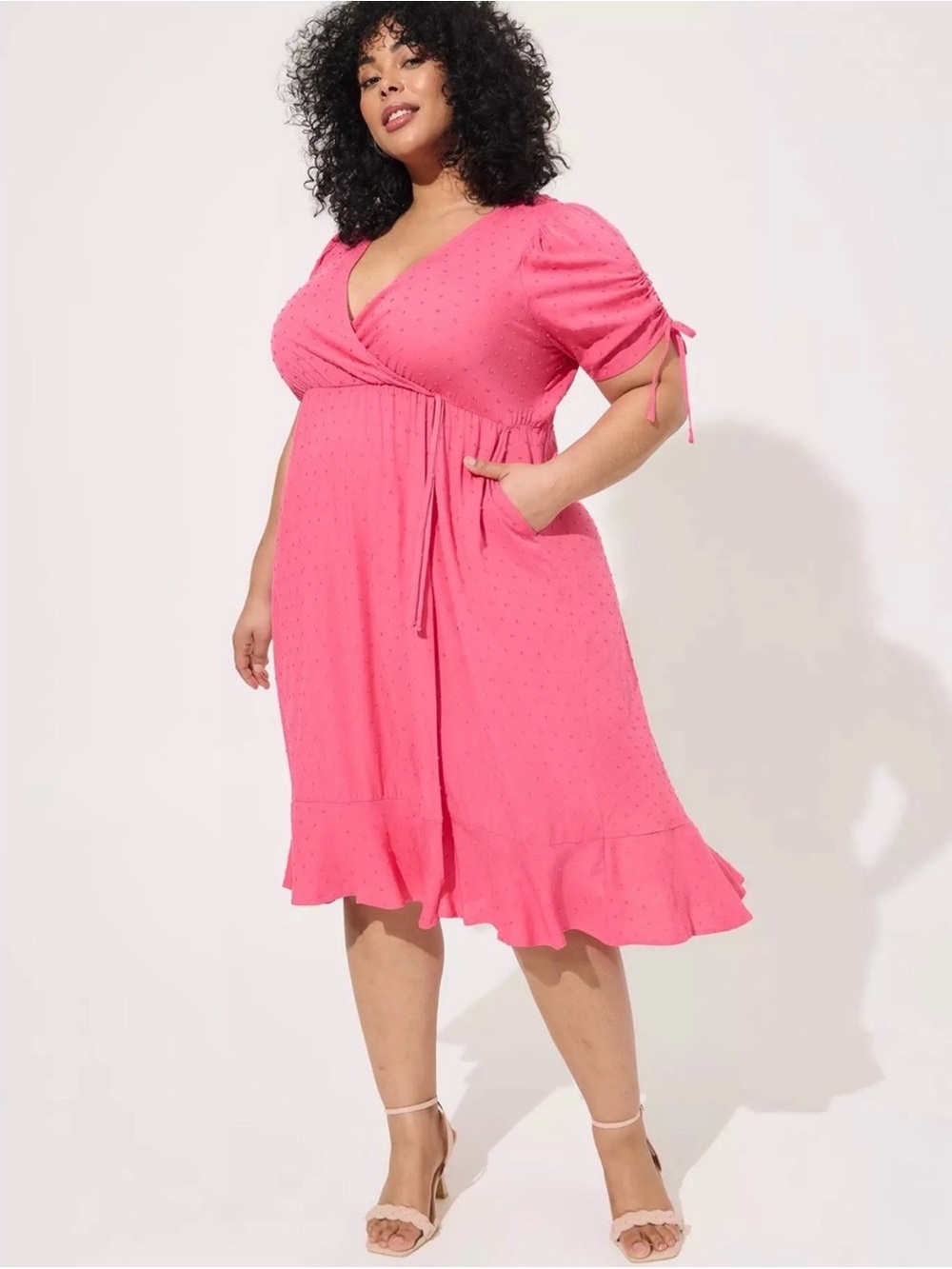 NWT Torrid Midi Swiss Linen
Surplice Dress W/ Pockets in Honeysuckle (1X)